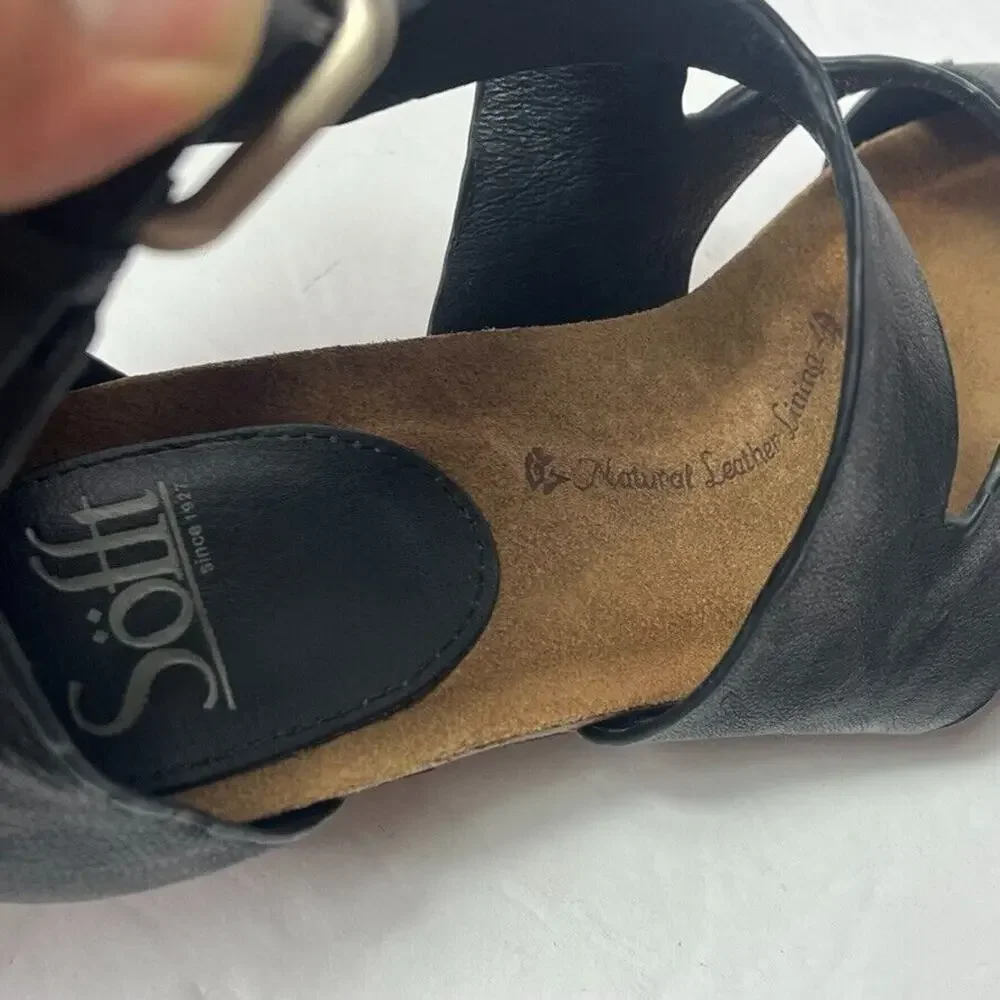 Sofft Sandals Womens 9M Black Leather Crukis Wedge Cushioned Open Toe Adjustable